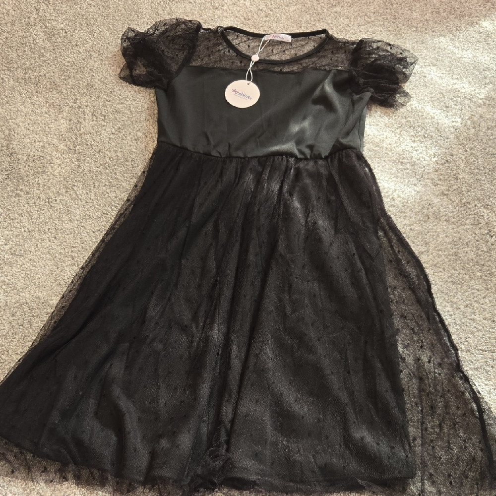 Black Mesh Puff Sleeve Dress for Girls - Marker
